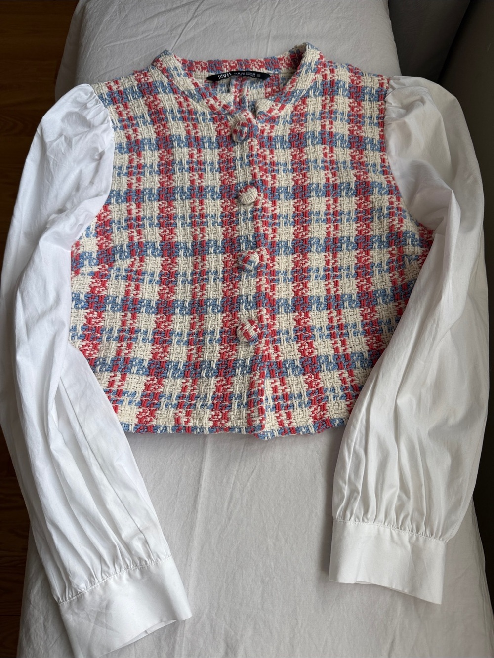 Zara Red, Blue & Cream Tweed Cropped Vest